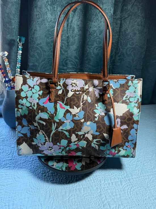 Calvin Klein Handbags - Calvin Klein Brown Floral Canvas Tote with Aqua and Light Blue Accents 13x9